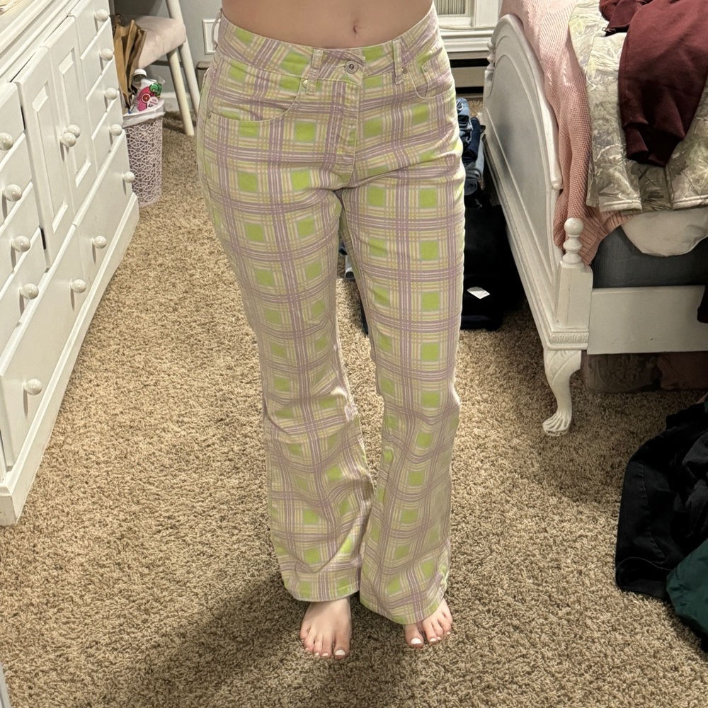 The Ragged Priest Plaid Flare Jeans - Green and Pink